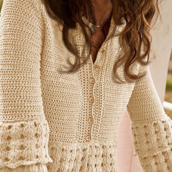 Apricot Boho Women's Ruffle Crochet Button Up Cardigan and Short Set - Picture 3 of 9